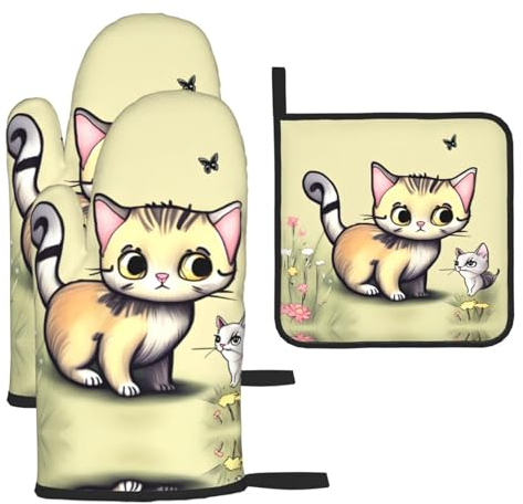 Ofenhandschuhe und Topflappen mit Katze und Schmetterling, Grillhandschuhe und Halter zum Kochen, Backen (3-teiliges Set)