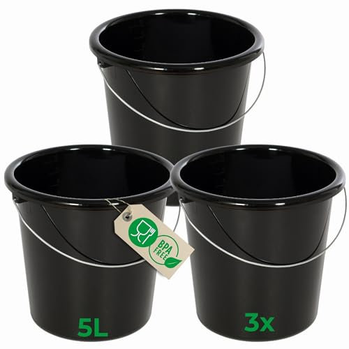 Novaliv Lot de 3 seaux de 5 l noir avec graduation dimensionnelle - Seau de nettoyage de 5 litres ? 22,5 cm - Pratique et polyvalent avec graduation pour la maison et le jardin - Idéal comme seau