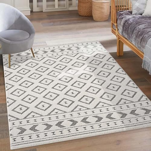 carpet city Kurzflor Teppich Grau, Creme - 140x200 cm - Wohnzimmer-Teppiche Hochtief-Muster, 3D-Effekt - Raute-Muster - Flachflor Bodenbelag, Deko Schlafzimmer