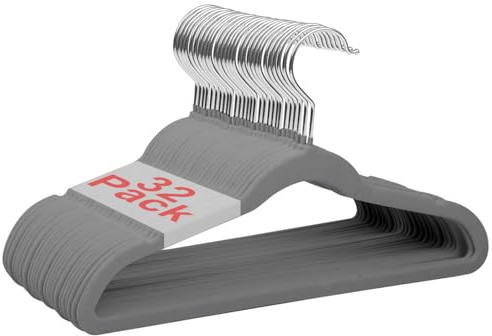 Wellong Baby Velvet Hangers, 28cm Kids & Toddler Non-Slip Hangers - 32 Pack Grey