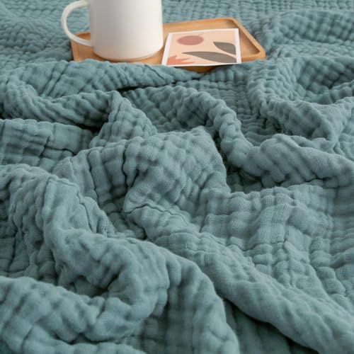 EMME Musselin-Decke 167x230 Baumwolle Oeko-TEX Erwachsene Tagesdecke,Türkis | Sommer-Überwurf Decken Für Couch Atmungsaktive Gaze-Decke Alle Jahreszeiten Weich & Leicht Vorgewaschene Baumwolldecke Sofa