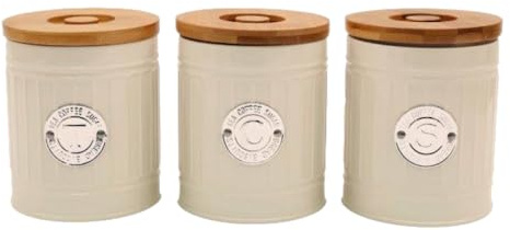 Sifcon International plc 3 x Retro Vintage Classic Enamelware Kitchen Canisters - Round TEA/COFFEE/SUGAR Caddy/Storage Tins with Wooden Lid - CREAM/SILVER - 14 cm