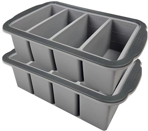Extra Large Silicone Cube Freezing Trays with Lid - 1 Cup Portions, Makes Four Great Soup, Broth, Sauce or Butter Trays - 2 Pack, Grey