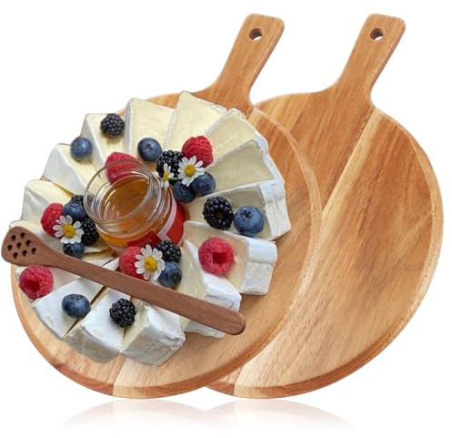 WOPPLXY 2 tablas de madera para pizza, tablas de cortar de madera de 12 pulgadas, tabla de charcutería, tabla redonda para cortar pizza con asa para queso, pan, frutas