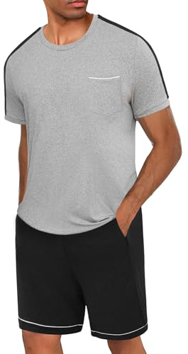 Crewhpo Pijama Hombre Verano Camisetas Manga Corta y Pantalones Cortos | 2 Piezas, Ropa de Dormir, Cuello Redondo, Pantalón Corto con Bolsillos, Conjunto de Pijamas, Tacto Suave, Estancia en Casa