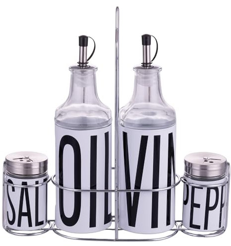 Villa d'Este Home Tivoli Set condimento olio, aceto, sale e pepe in vetro e acciaio inox, stand in ferro, bianco, Bigismore