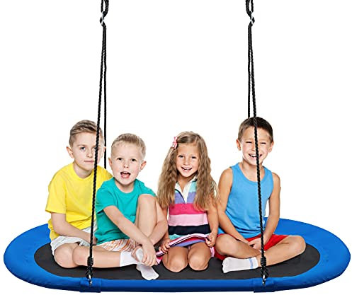 GYMAX Kids Nest Swing, Children Oval Swings with Height Adjustable Hanging Ropes, Indoor Outdoor Tree Swing for Playground Garden Backyard, Holds Up to 150kg (Blue, 150x80x100-160cm)