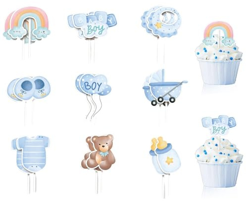 Babyparty Tortendeko Junge 18 Stück Babydusche Geburtstag Cupcake Topper | Robuster Karton, 18 Stück 9 Motive, Für Babyparty Junge, Einfache Anwendung