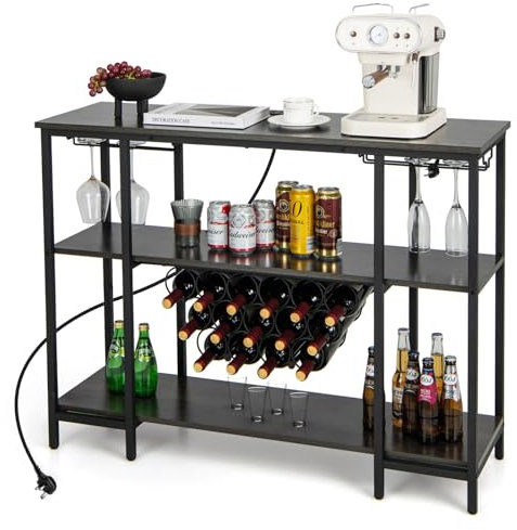 Moderner grauer Barschrank mit 15 Flaschen-Kapazität, 3-stöckiger Tisch, 2 AC-Steckdosen, 2 USB-Anschlüssen, Glashalter und Anti-Kipp-Gerät, freistehend, Hausbar, Getränkeaufbewahrung, Sideboard