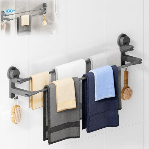 COCASES Handtuchhalter Saugnapf ohne Bohren Bad Handtuchstange Doppelt für Duschwand ohne Kleben Towel Holder mit 2 Handtuchhaken und Verstellbare Länge für Küche Tür Dunkelgrau 64-125cm