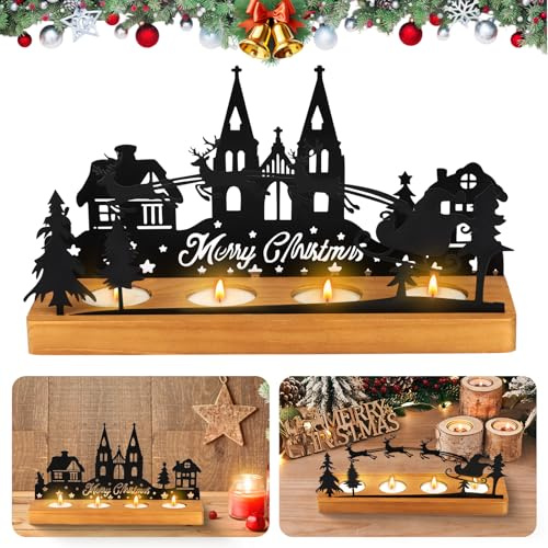 PAPAcroscoma Kerzenhalter Adventskranz Modern: Schwarz Teelichthalter Weihnachten Kerzentablett Adventskranz Metall mit Holz für Tisch Adventsdeko Weihnachtsdeko Geschenk