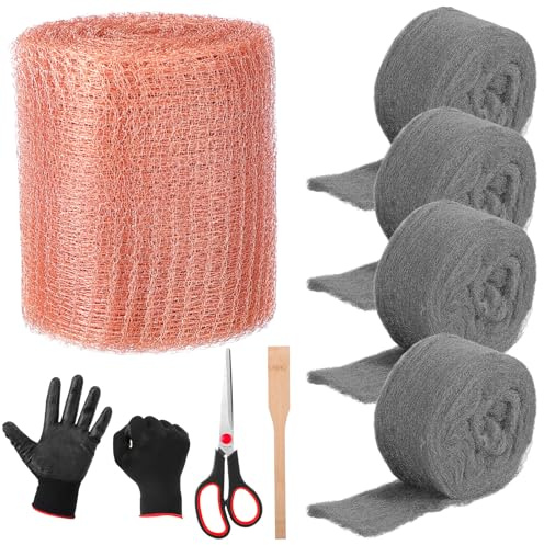 Otoolling Mesh Rodent Control Kit 1 Pack 5in x 19.7ft Rustproof Mesh Roll and 4 Pack 0000 Steel Wool Mouse Hole Filler with Wooden Stick, Gloves, Scissors for House Garden (Gold,Copper)