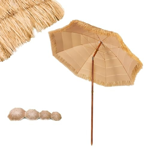 Tragbarer Strandschirm, 240 cm/300 cm, hawaiianischer Outdoor-Terrassenschirm mit Kippknopf, langlebiger Rafia-Sonnenschutz, UV-Schutz, leichtes Reise-Überdachung für Sonnenschutz