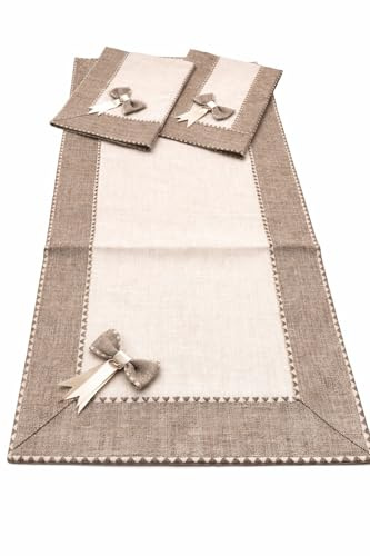 Tris Centri Tavola in Tessuto Effetto Juta con Balza e Fiocco, Made in Italy - Set 3 Pezzi con Centrino 40x80 e 2 Centrini 30x40 - Rustico Country (Tris Centri - Uno 40x80 e Due 30x40, Panna)