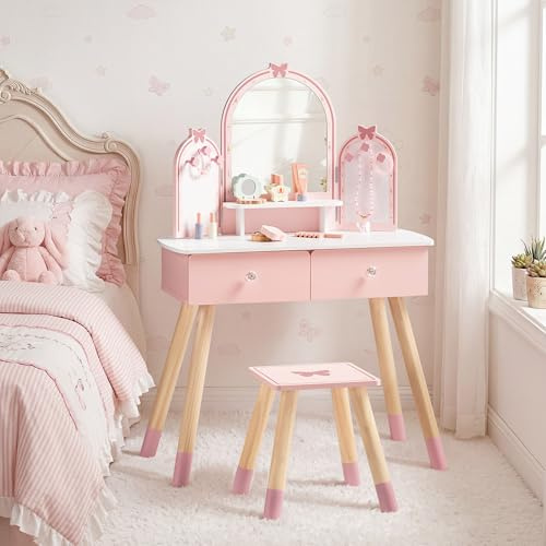 ROBUD Kids Vanity Table and Chair Set, Girls Vanity Set with Mirror, Pretend Play Kids Vanity, Makeup Dressing Table with Drawer and Accessories, Age 3+ (Pink)
