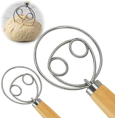 2PCS Fouet à Pâte Danois en Acier Inoxydable 32,8 cm avec Poignée en Bois, Fouet Danois, Batteur à oeufs avec Poignée, Fouet Plat Robuste pour Pâte Épaisse, Pain et Pâtisserie