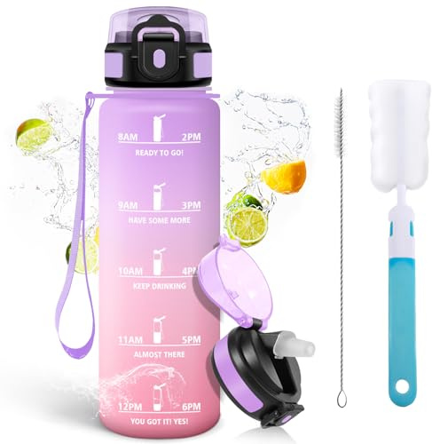 Mulbijeo Borraccia 1 Litro, Libre de BPA & A Prova di Perdita, con Cannuccia, Reutilizables, Borraccia Motivazionale, Spazzola di Paglia, Spazzola A Spugna, Palestra per Scuola, Palestra, Ufficio