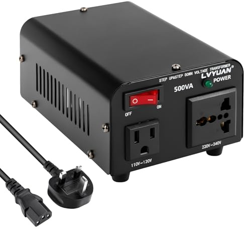 500W Voltage Transformer, Step Up/Down Transformer(110V to 220V, 220V to 110V) with UK Power Cord, Voltage Converter UK to USA, with US Outlet, Universal Outlet, Circuit Breaker