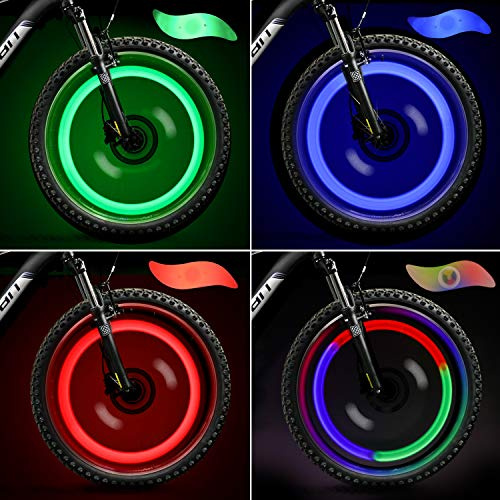 TAGVO LED Roue Lumières (Rouge+Vert+Bleu+Multicolore) Lot de 4 avec Boîte Délicate,Imperméable Facile à Installer Spoke Lights Lampe Neon Tire avec 3modes de Flash, pour tous les vélos