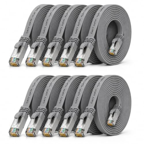 10x Cable Ethernet CAT7 plano 0,5m U/FTP 10 Gbit/s RJ45 Cat6a gris | Cable de red LAN plano y flexible, LSZH, para router, módem, switch, PC, Smart TV, consola, NAS y panel de conexiones RJ45.