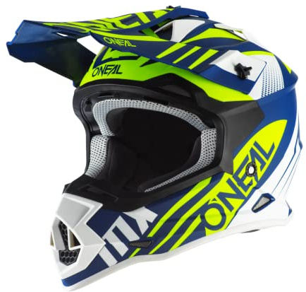 O'NEAL | Casco de Motocross | MX Enduro | Norma de Seguridad ECE 22.05, Ventilaciones para una óptima ventilación y refrigeración | Casco 2SRS Spyde 2.0 | Adulto | Azul Blanco Amarillo | Talla S