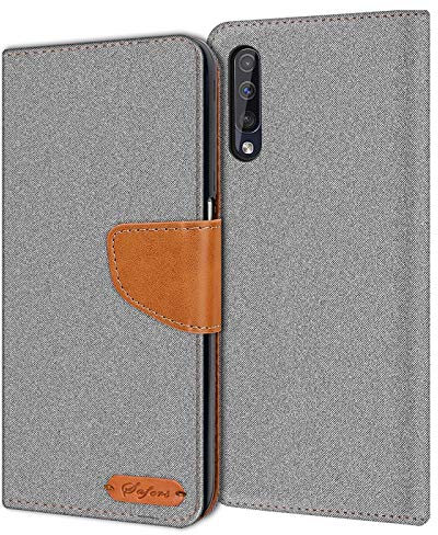 Verco Coque pour Galaxy A30s, Étui Portefeuille Compatible avec Samsung Galaxy A30s Case Textures de Fibre Housse de Protection, Gris