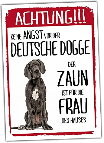 Deutsche Dogge Dog Schild Achtung Zaun Frau Spruch Türschild Hundeschild Warnschild Geschenkidee lustiger Spruch Hundemotiv Aluminium Wetterfestes Hundeschild