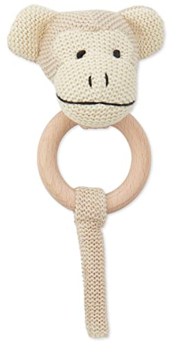 Bieco Greifling Baby Rassel | Niedliche Affen Häkel Rassel mit Holz Ring | Baby Greifling für Junge & Mädchen | Affe Gehäkelt | Greifringe Äffchen