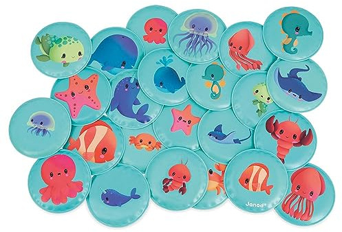 Janod - Gioco di Memoria Cuccioli - Gioco da Bagno - 24 Pezzi Galleggianti - Gioco di Memoria per Bambini - Giocattolo Evolutivo - dai 24 Mesi, J04723