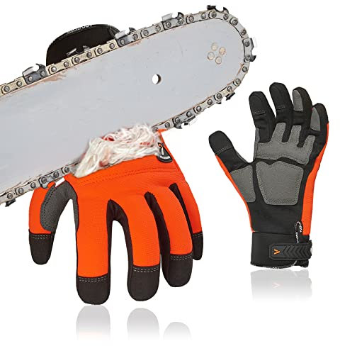 Vgo... Guanti Motosega Protezione su Entrambi Mani, Guanti Antitaglio 360° con Touchscreen in Pelle Antiolio per Segare Forestale, Guanti Macchina 1 paio