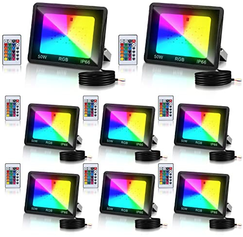 Cecaylie Foco LED RGB para exteriores, 8pcs 50 W Proyector RGB Exterior con mando a distancia, regulable, 16 colores 4 modos IP66, resistente al agua, función de memoria para Terraza