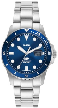 FOSSIL Blue Watch for Men, Quartz Movement with Stainless Steel or Leather Strap,Silver Tone and Blue,42 mm