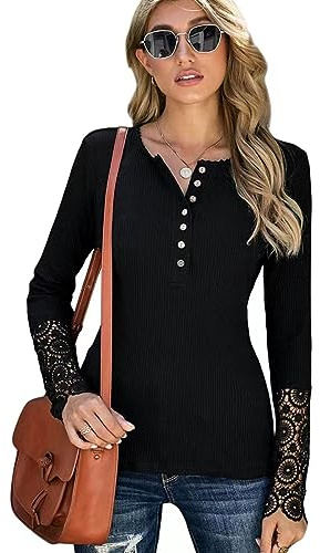 KONFEN Haut-shirt à manches longues avec col rond pour femme, haut à boutonnage en tissu côtelé avec bordure en dentelle, chemisier décontracté pour l'automne et l'hiver, chemise décontractée, Blanc