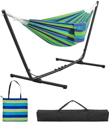 Yaheetech Amaca da Giardino Esterno con Supporto Struttura Regolabile Carica 200 kg Pieghevole Portatile con Borsa di Trasporto in Ferro Poliestere e Oxford per Piscina Campeggio Strisce Blu-Verde