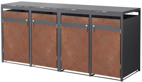 ML-Design Box pour 4 Poubelles, jusqu'à 240L, 264x80x120 cm en Acier/Acier Corten, Anthracite/Aspect Rouillé, Résistant aux Intempéries, avec Couvercle Rabattable / 4 Portes, Conteneur Abri Hangar