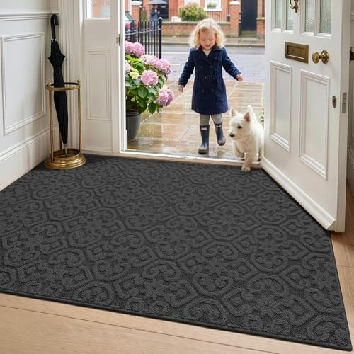 DEXI Schmutzfangmatte 90 x 150cm, rutschfest Fußmatte Innen, waschbarer Fussmatte, absorbierend Türmatte für Eingang, Haustür, Patio, Flur, Anthrazit | Oberfläche aus Polypropylen, rutschfeste TPR-Gummi-Rückseite, niedriges Profil, waschbar, Eingangsbereiche, Flur