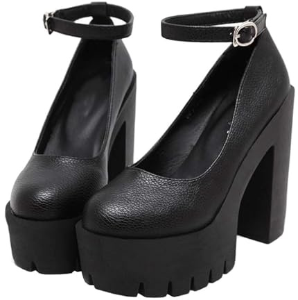KOKOMOMO Womens Round Toe Platform Ankle Strap Pumps Chunky High Heels Goth Shoes,Size 7.5 Black