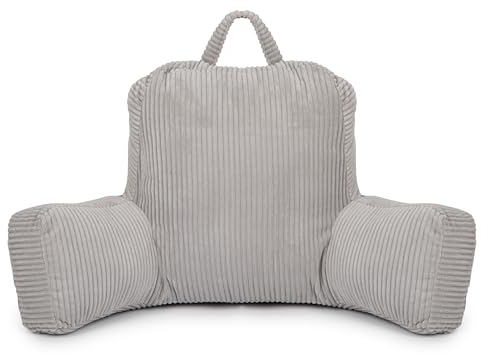 Flumi Rückenlehnenkissen mit Armlehnen zum Lesen Fernsehen oder Entspannen, Lesekissen für Bett und Sofa mit Waschbar Bezug Bettauflage Foam Füllung, Rückenstütze mit Tragegriff (Kord Grau)