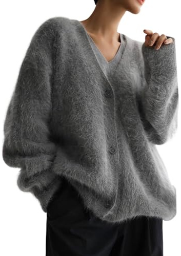 Yimoon Womens Fuzzy Cardigan Sweater V Neck Long Sleeve Button Down Slouchy Furry Knit Sweaters 2025(Grey-M)