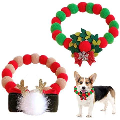 BRTNUP 2 Stück Weihnachten Haustier Kragen Pom Pom Katze Kragen Rot und Grün Hund Pompom Kragen für Haustier Welpen Katzen