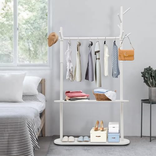 MEELRYD Garderobenständer, 9 Haken Massivholz Jackenständer Kleiderständer mit 2 Etagen Lagerregal Ablage für Kleidung, Taschen und Hüte (Weiß)