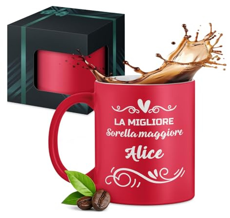 Maverton Tazza da caffè o tè in ceramica, Bicchiere da colazione | Per capuccino da 330 ml per Lei, Incisione personalizzata, Tazze con manico per compleanno donna, Rosso, sorella