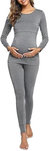 Generico Camicia da Notte Donna Premaman Cotone Pigiama Allattamento maternità Manica Lunga Due Pezzi (Grigio, L)