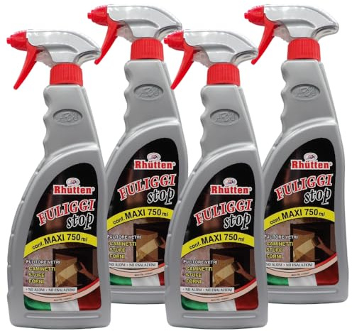 Detergente Schiuma Spray FULIGGI STOP, Pulitore Vetri Di Caminetti, Stufe e Forni. Scioglie Il Grasso e Le Incrostazioni Su Fornelli, Spiedi, Barbecue e Griglie 750ml (4 Spray)