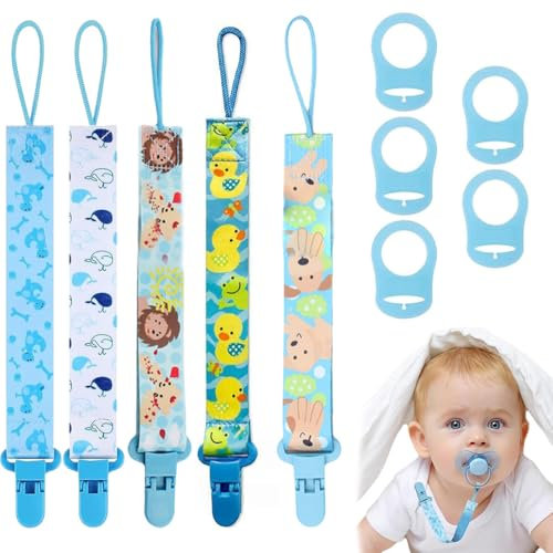 5 Stück Jungen Schnullerkette, Baby Schnullerband mit 5 Silikon Ringen, Schnullerkette mit Clip