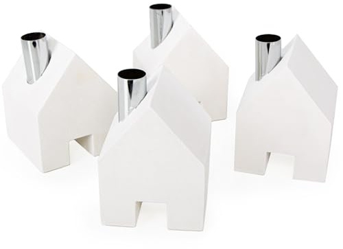 Logbuch-Verlag 4 Massive Häuser Kerzenhalter Geschenk Geburtstag Sommer Frühling Deko weiß Silber modern 9 x 9 x 12 cm