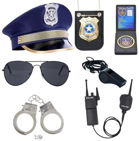 ZUCOS Polizei Kostüm Kinder, Polizist Handschellen Sonnenbrille Abzeichen Detective Cop Swat Rollenspiel Zubehör Halloween Party Kostüm Dress up (With Hat, Medium)