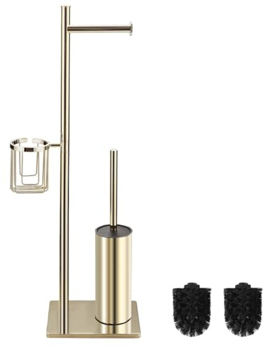 BGL Soporte multifunción de acero inoxidable para papel higiénico con base pesada, independiente, portaescobillas de inodoro y cesta de esquina giratoria de 360°, dorado