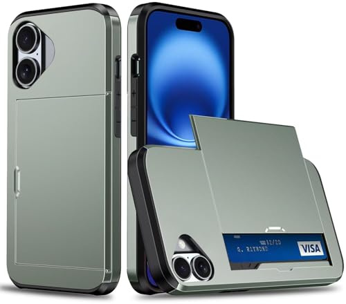 xinyunew Coque Portefeuille pour iPhone 16 avec Porte-Cartes, Étui de Protection Téléphone Double Couche Antichoc, Fente Cachée Coulissante, Antichoc TPU+PC Housse Portefeuille - Vert Militaire