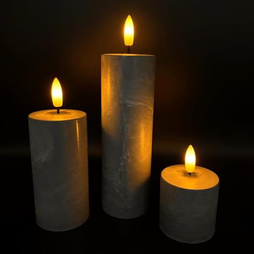 Online Fuchs 3er Set LED-Kerzen aus Kunststoff, grau marmoriert mit 6-Stunden Timerfunktion - wieder aufladbar über USB C - realistisch flackernde Flamme